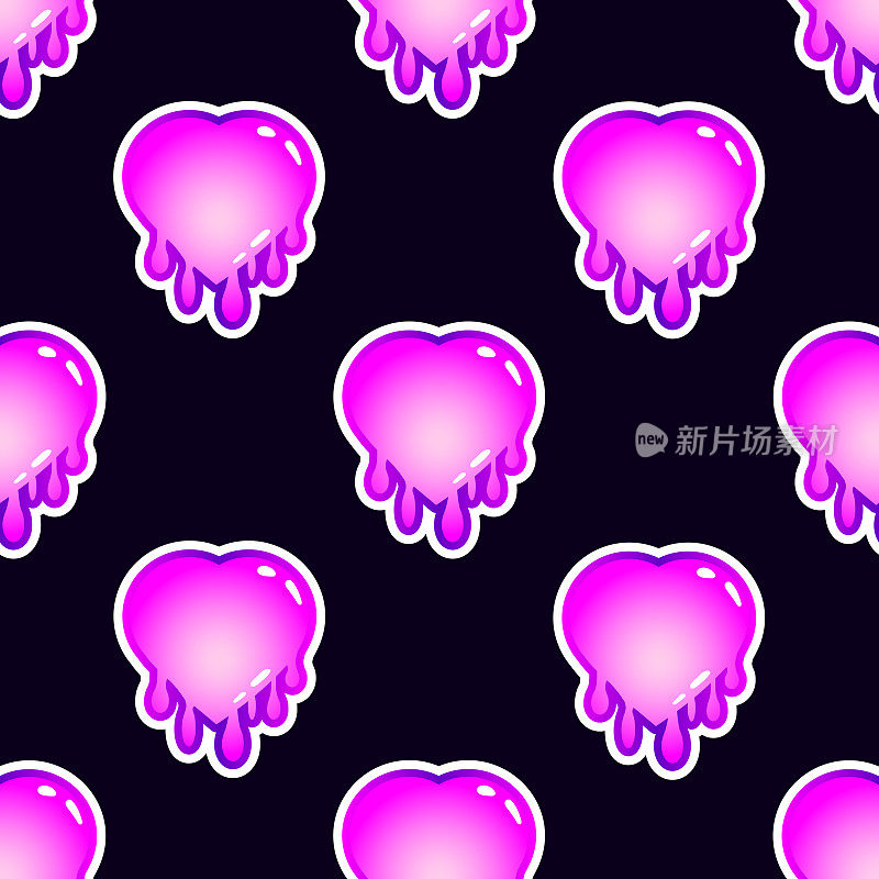 Seamless pattern with hearts. Vector wallpaper with stickers in pastel goth style. Black background.